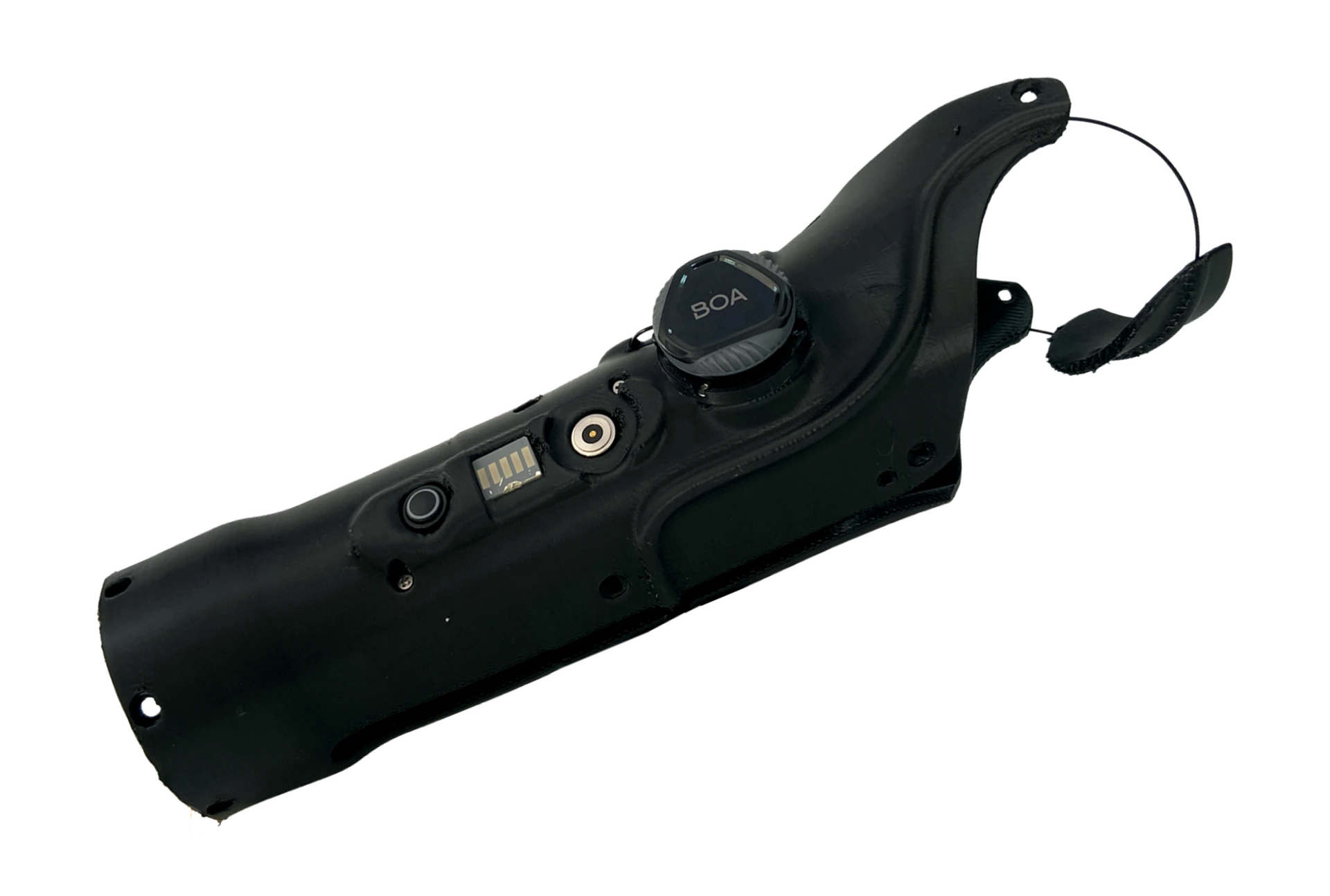 Hannibal below-elbow bionic socket in black with integrated electronics, charging contacts, and a BOA dial