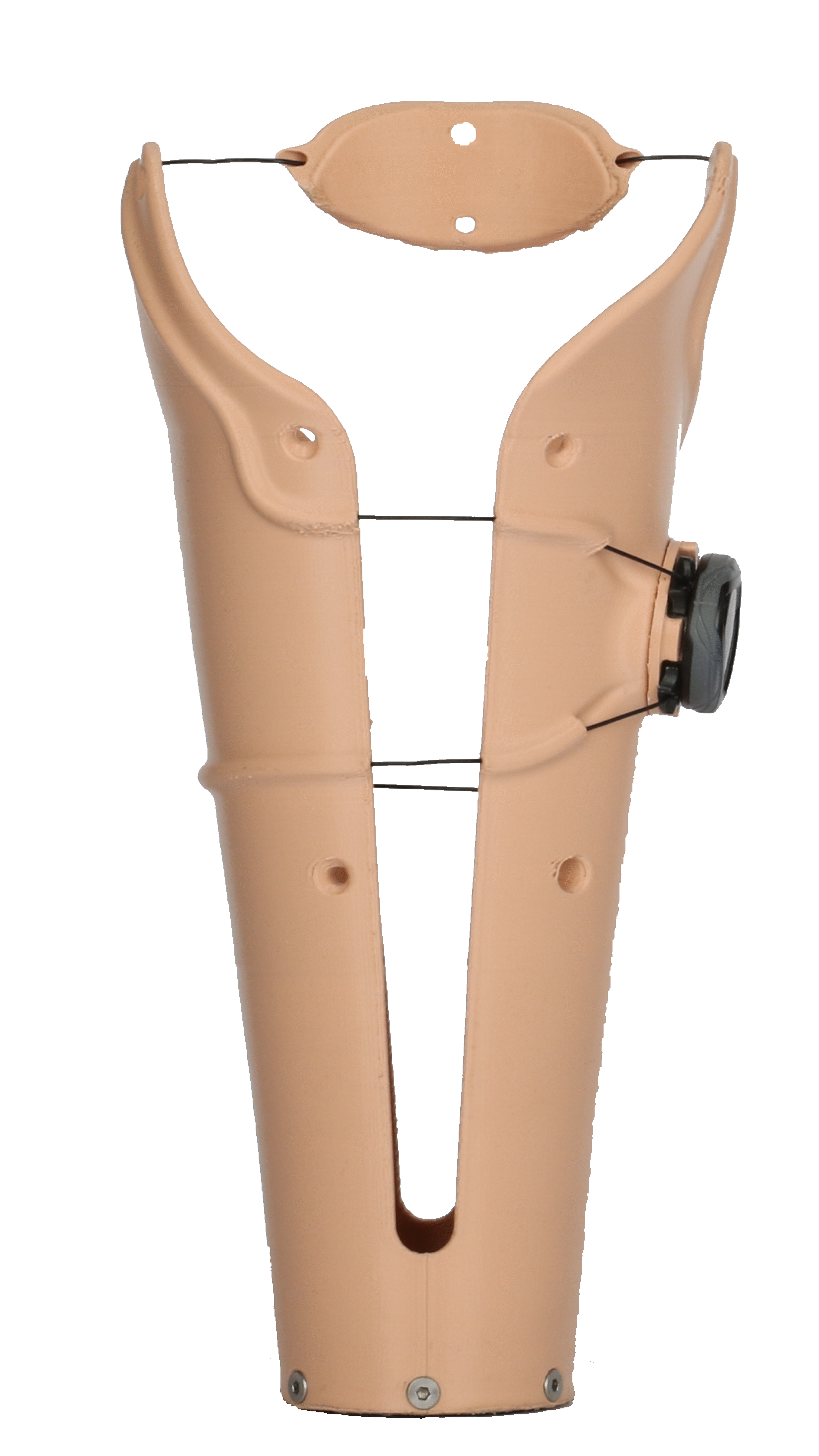 Adjustable prosthetic socket in a skin-tone finish with a BOA-style adjustment dial