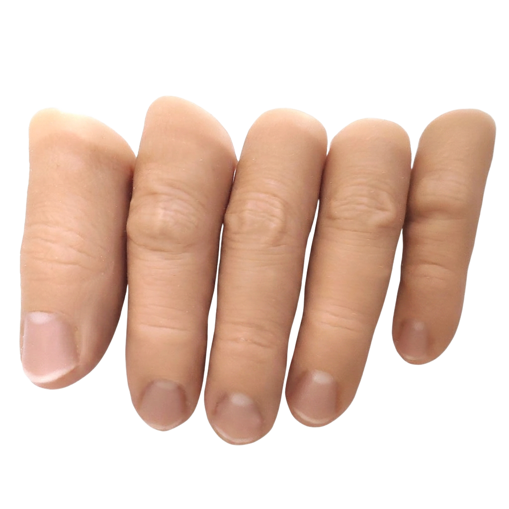Five custom silicone finger prostheses with realistic skin texture and nails